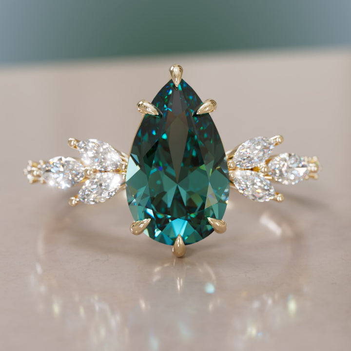 Flower Engagement Ring Nature Inspired with Pear Teal Sapphire By Valley Rose