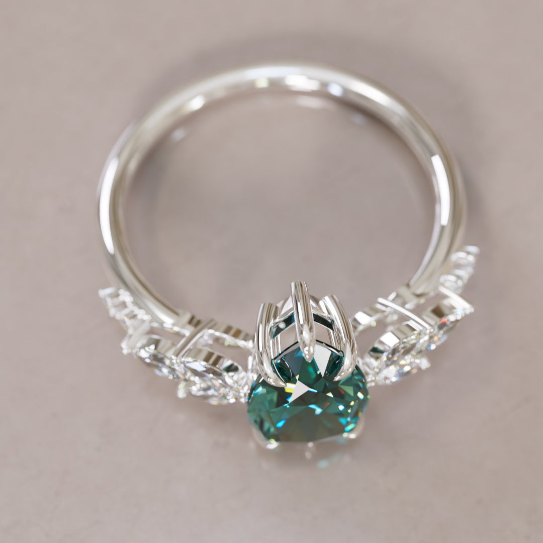 Flower Engagement Ring Nature Inspired with Pear Teal Sapphire By Valley Rose