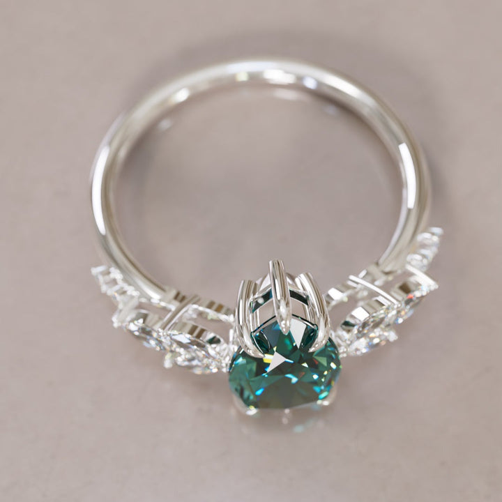 Flower Engagement Ring Nature Inspired with Pear Teal Sapphire By Valley Rose