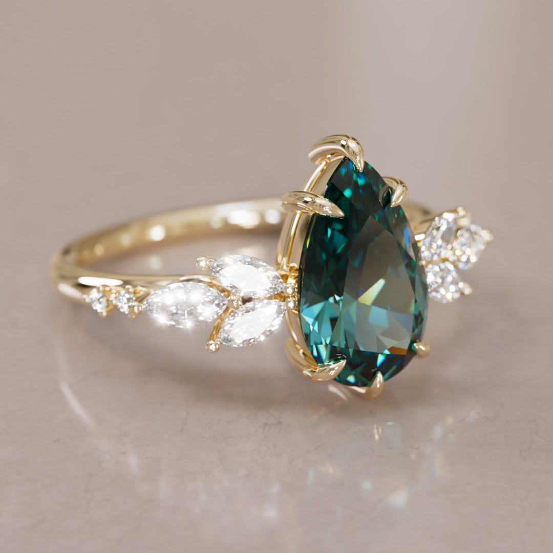 Flower Engagement Ring Nature Inspired with Pear Teal Sapphire By Valley Rose
