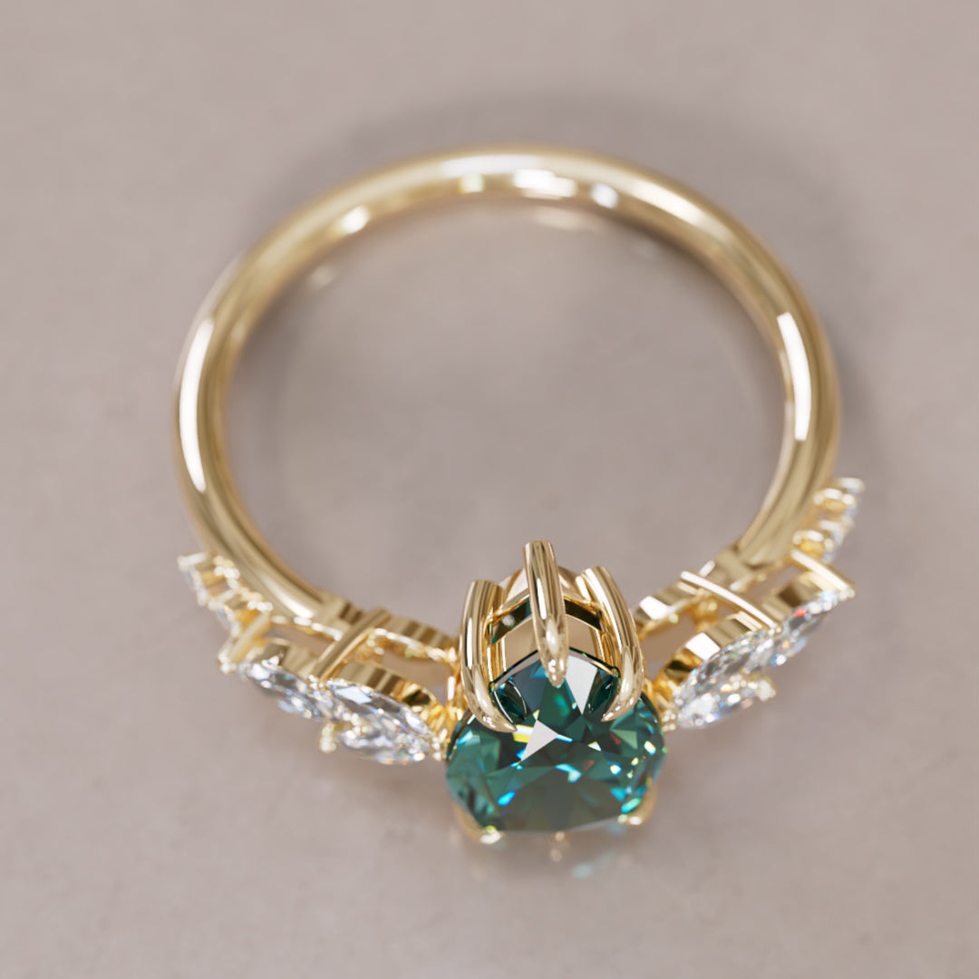 Flower Engagement Ring Nature Inspired with Pear Teal Sapphire By Valley Rose