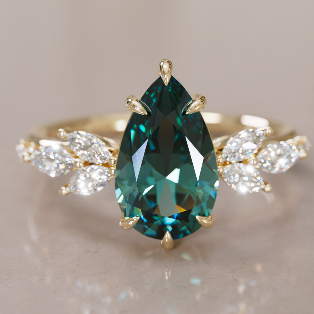 Flower Engagement Ring Nature Inspired with Pear Teal Sapphire By Valley Rose