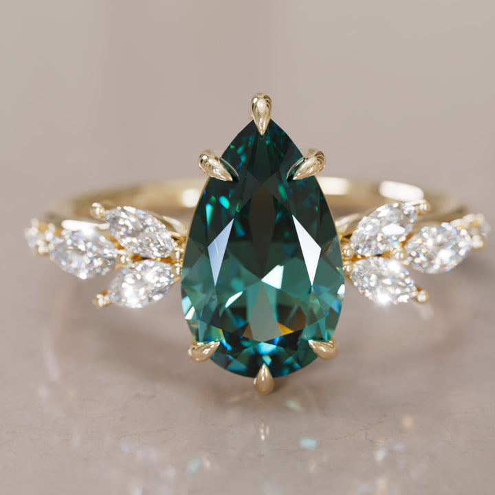 Flower Engagement Ring Nature Inspired with Pear Teal Sapphire By Valley Rose