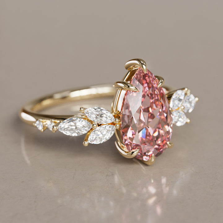 Flower Engagement Ring Nature Inspired with Pink Pear Cut Diamond By Valley Rose