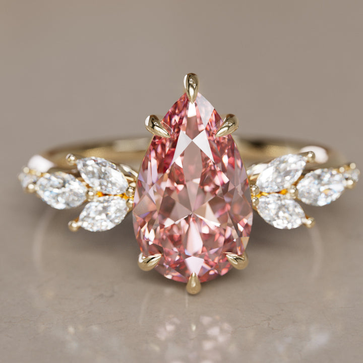 Flower Engagement Ring Nature Inspired with Pink Pear Cut Diamond By Valley Rose