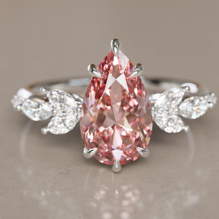 Flower Engagement Ring Nature Inspired with Pink Pear Cut Diamond By Valley Rose
