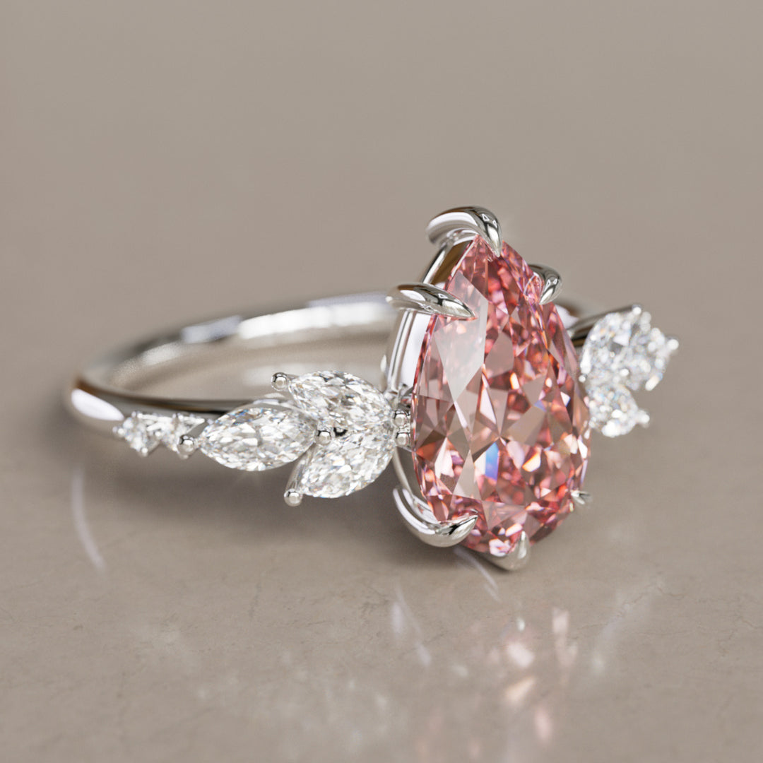 Flower Engagement Ring Nature Inspired with Pink Pear Cut Diamond By Valley Rose