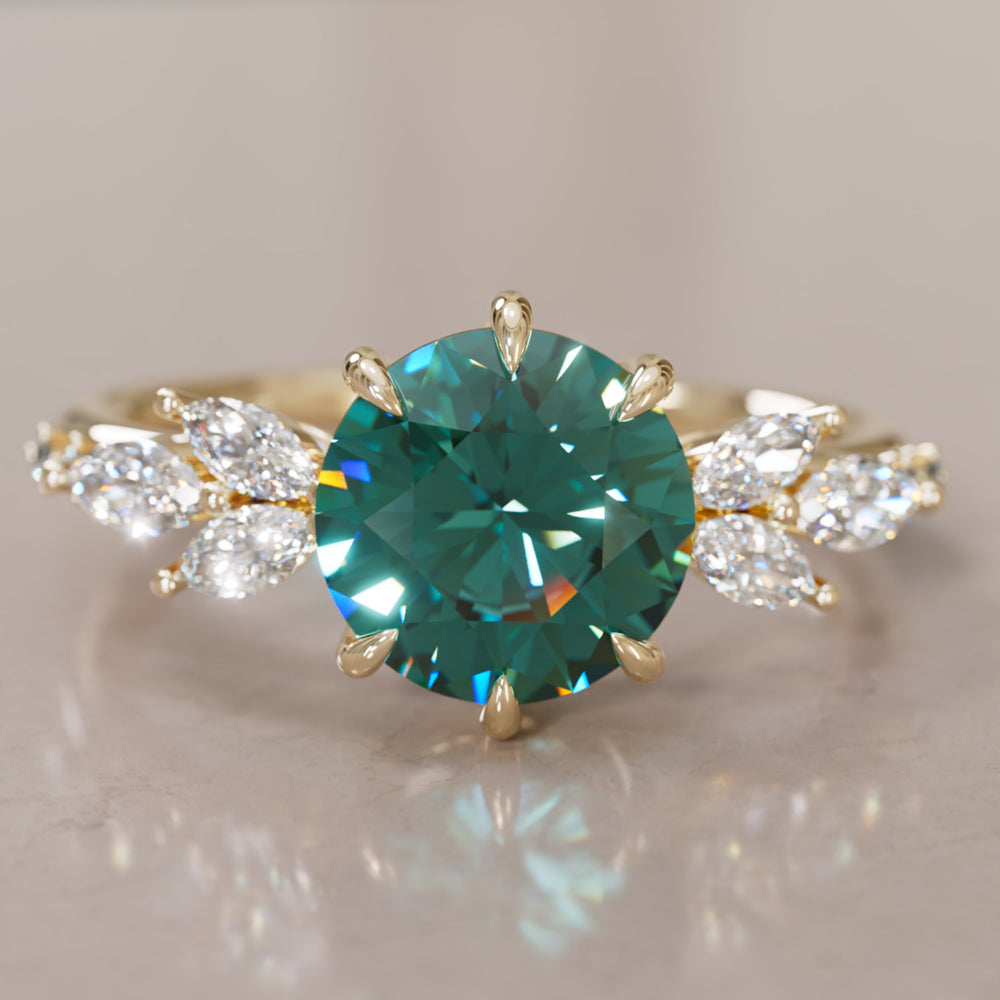 Flower Engagement Ring Nature Inspired with Round Teal Sapphire By Valley Rose
