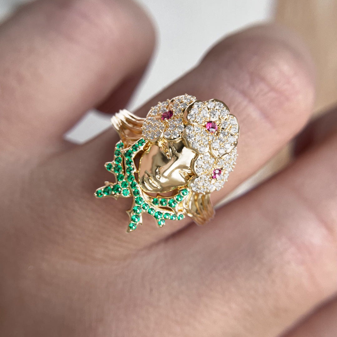 Flower Head Ring Unique Art Nouveau with Pink Sapphires and Emeralds