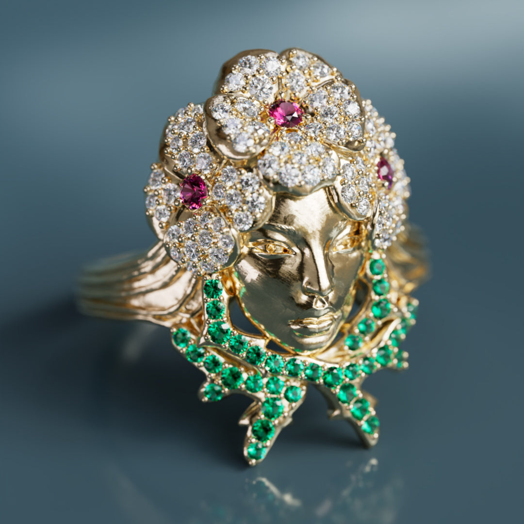 Anillo único de arte nouveau con cabeza de flor, zafiros rosas y esmeraldas