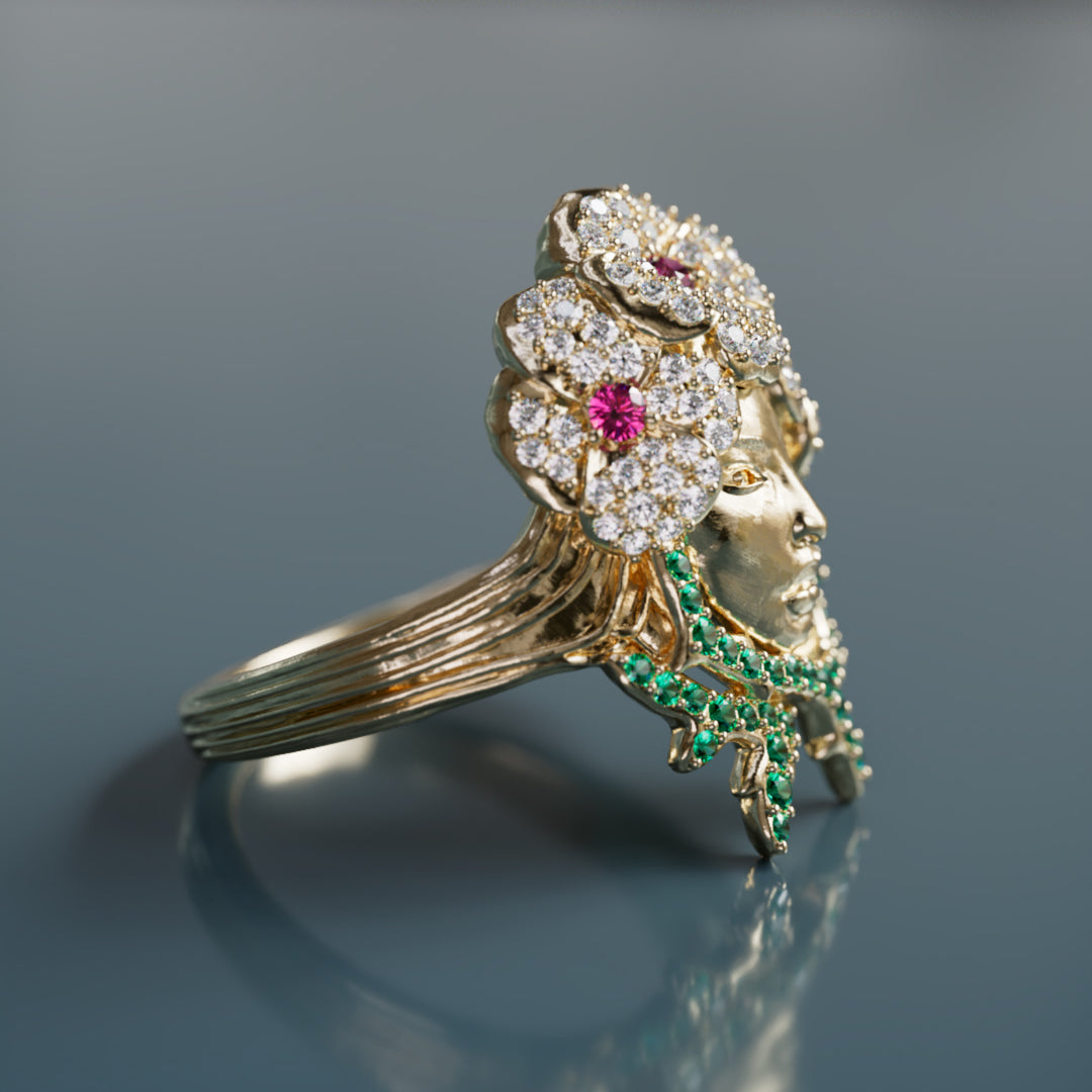 Anillo único de arte nouveau con cabeza de flor, zafiros rosas y esmeraldas