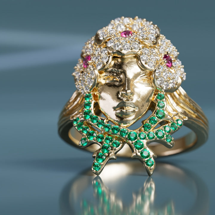 Anillo único de arte nouveau con cabeza de flor, zafiros rosas y esmeraldas