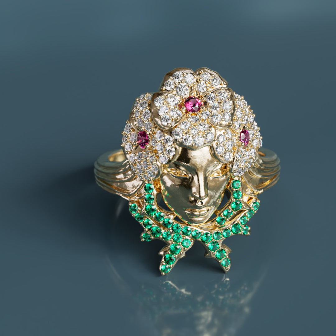 Anillo único de arte nouveau con cabeza de flor, zafiros rosas y esmeraldas