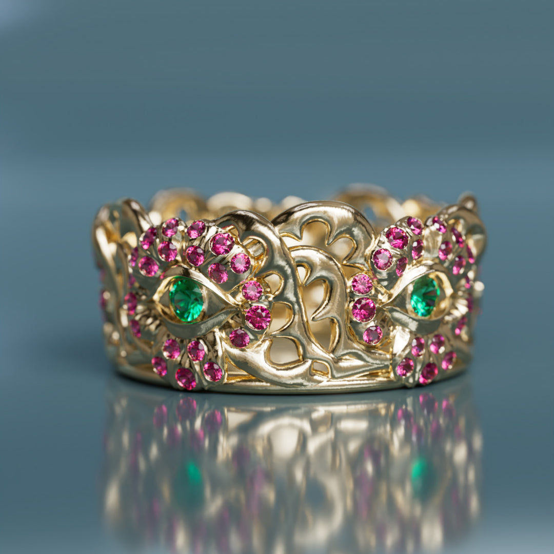 Anillo único de oro Flower Power Art Nouveau con zafiros rosas y esmeraldas