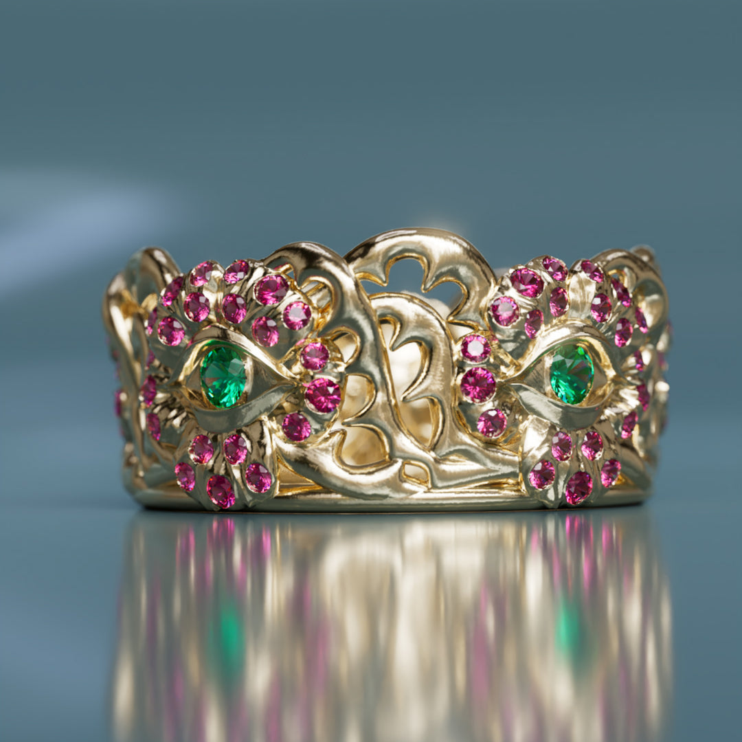 Anillo único de oro Flower Power Art Nouveau con zafiros rosas y esmeraldas