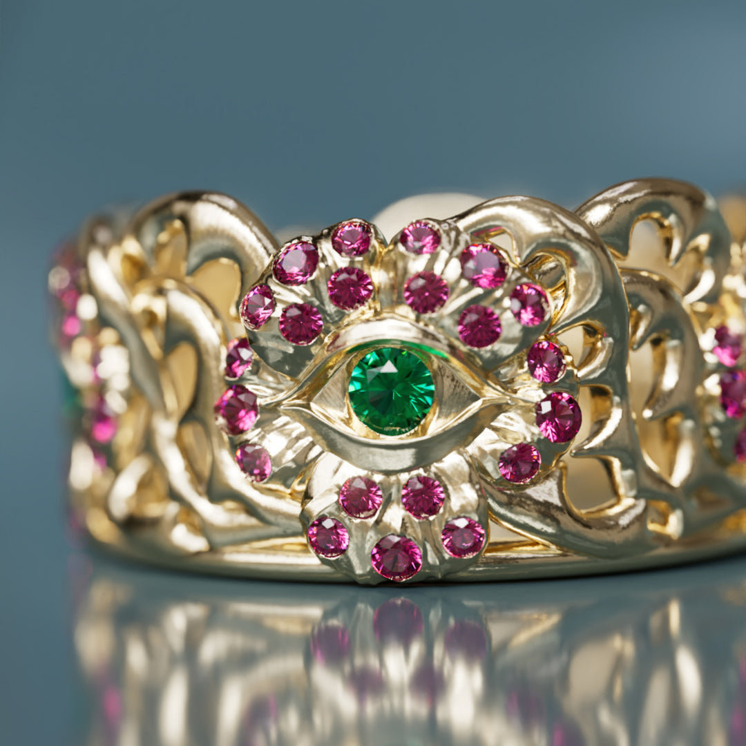 Anillo único de oro Flower Power Art Nouveau con zafiros rosas y esmeraldas