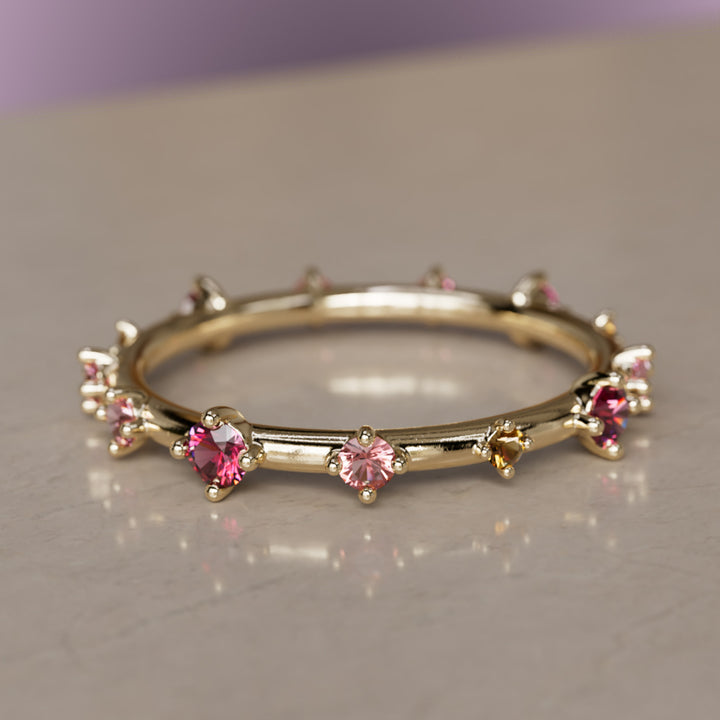 Galaxy Ring in Bloom Unique Celestial Eternity Band with Rubies, Citrine and Tourmaline