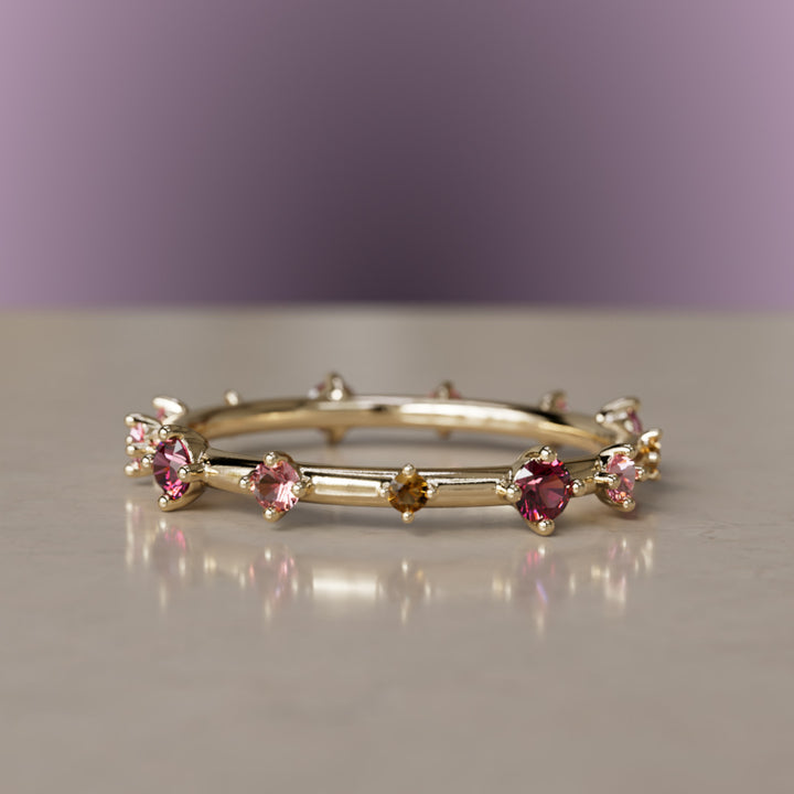 Galaxy Ring in Bloom Unique Celestial Eternity Band with Rubies, Citrine and Tourmaline