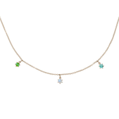 Gemini Zodiac Gold Fringe Necklace with Pearl, and Tourmalines 16" Chain By Valley Rose Ethical Jewelry