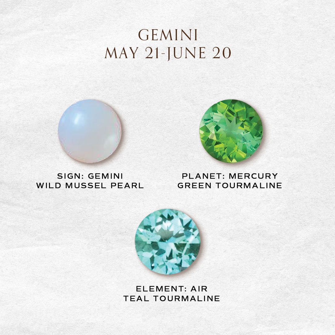 Gemini Zodiac Gold Fringe Necklace with Pearl, and Tourmalines 16" Chain By Valley Rose Ethical Jewelry