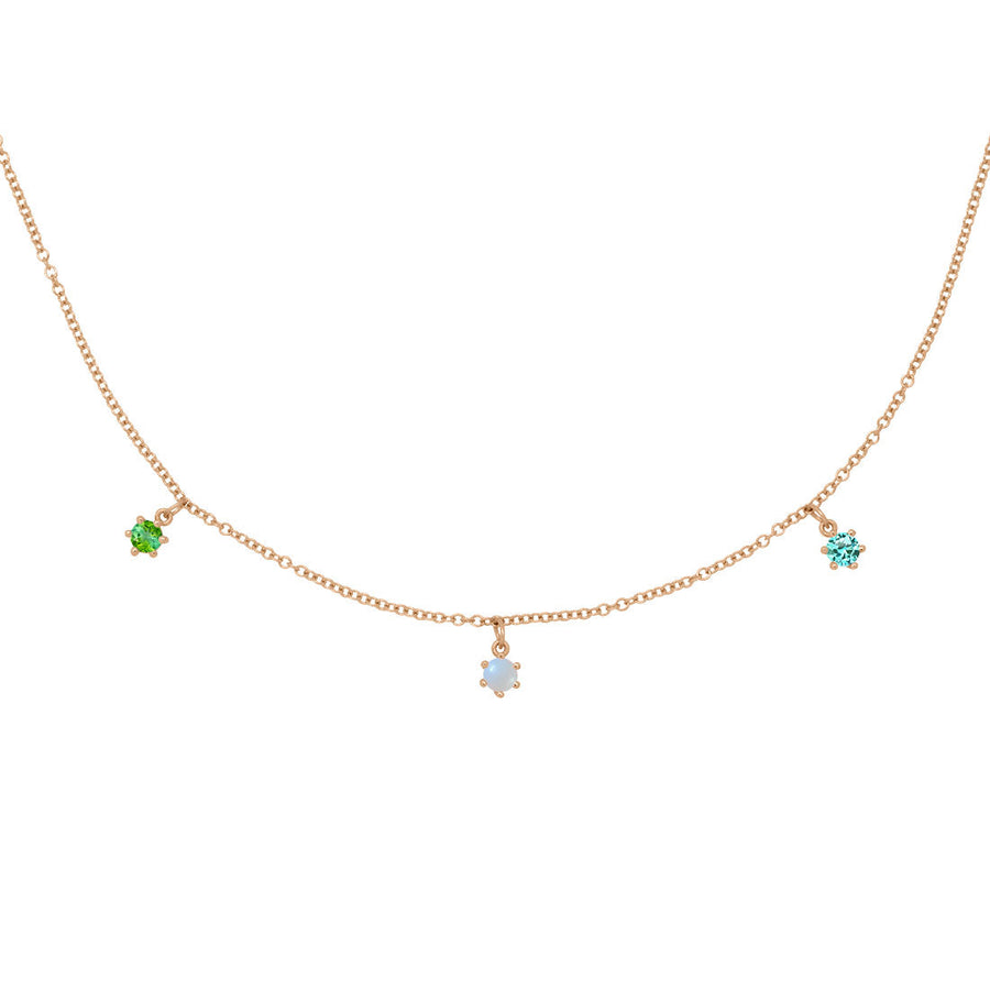 Gemini Zodiac Gold Fringe Necklace with Pearl, and Tourmalines 16" Chain By Valley Rose Ethical Jewelry