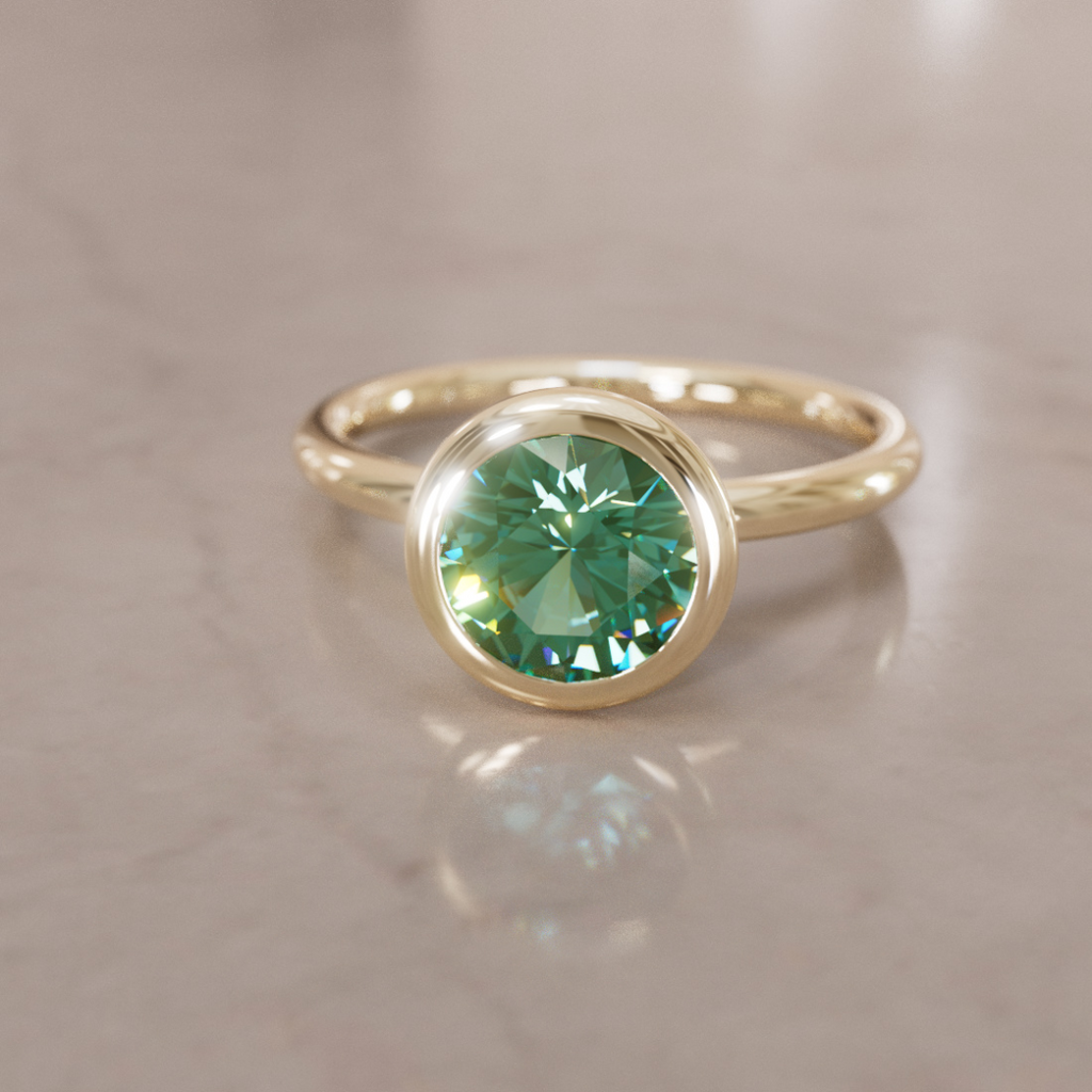 Green Sapphire Engagement Ring, Bezel Round Cut Solitaire By Valley Rose