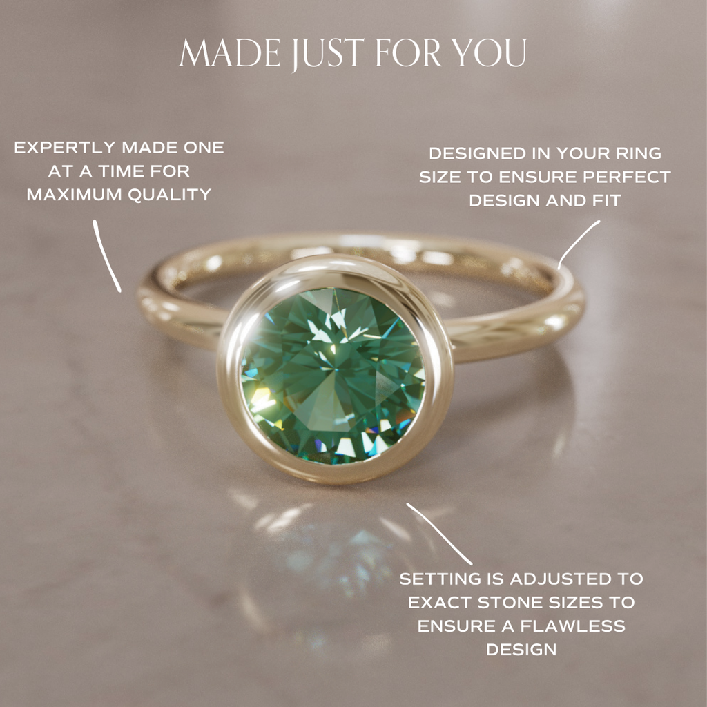 Green Sapphire Engagement Ring, Bezel Round Cut Solitaire By Valley Rose