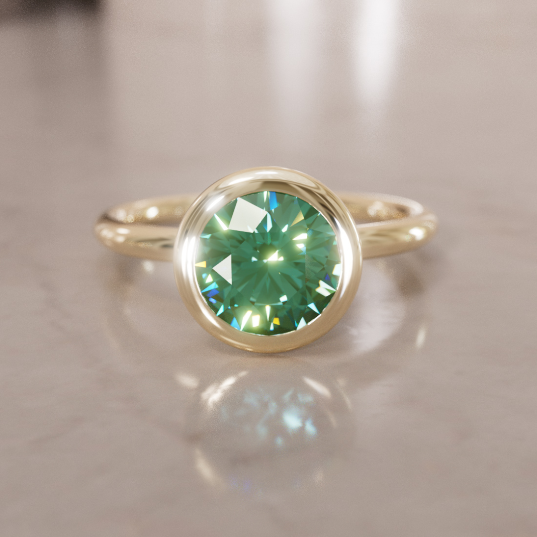 Green Sapphire Engagement Ring, Bezel Round Cut Solitaire By Valley Rose