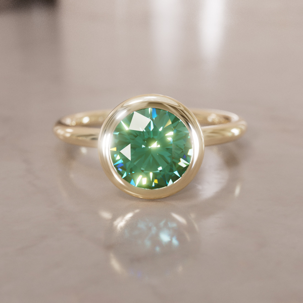 Green Sapphire Engagement Ring, Bezel Round Cut Solitaire By Valley Rose