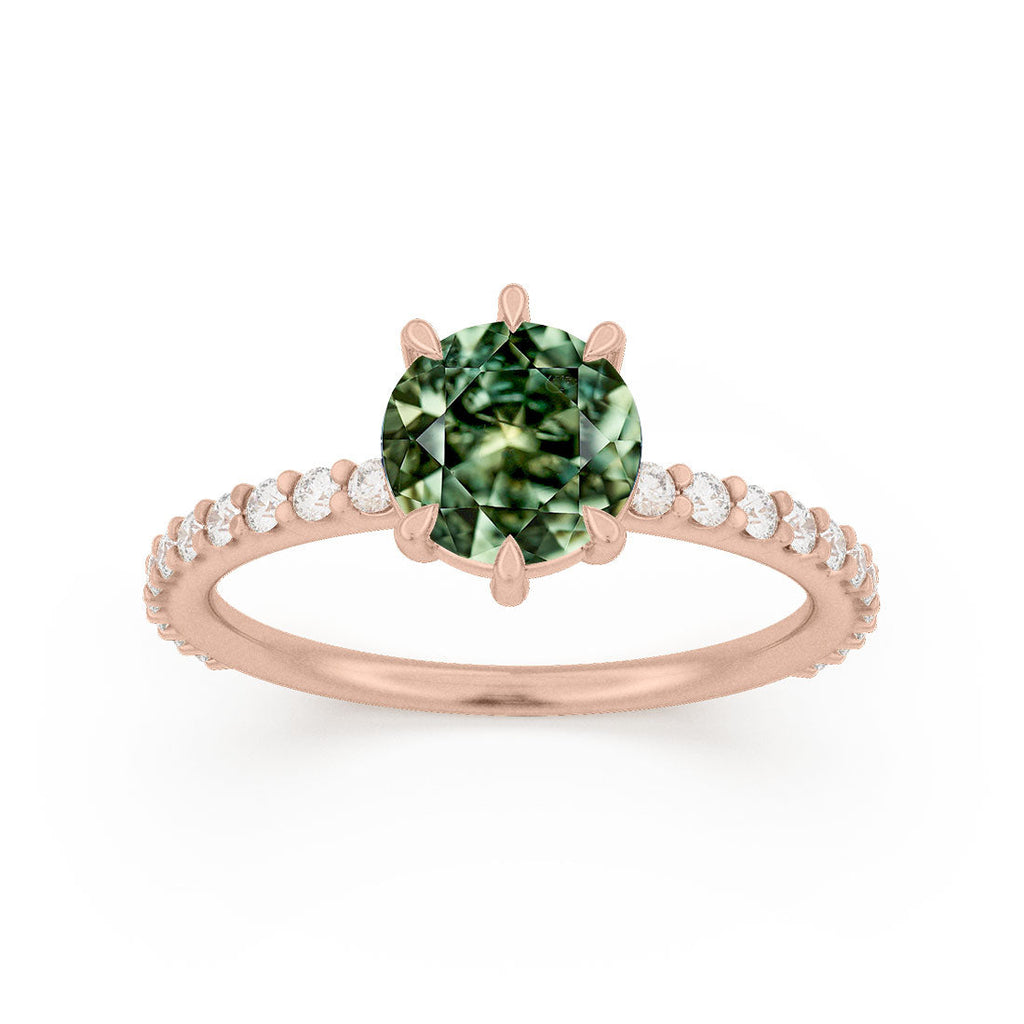 Green Sapphire Ethical Engagement Ring Solitaire with Pavé Band By Valley Rose
