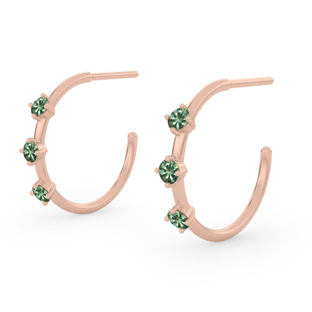 Green Sapphire Gold 3 Stone Hoops, Orion's Belt Constellation By Valley Rose