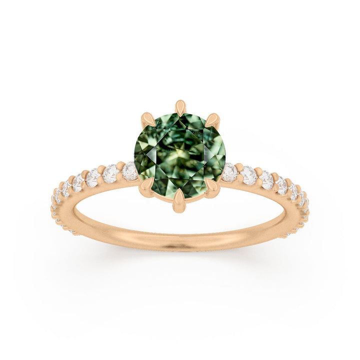 Green Sapphire Solitaire Engagement Ring with Pave Band By Valley Rose