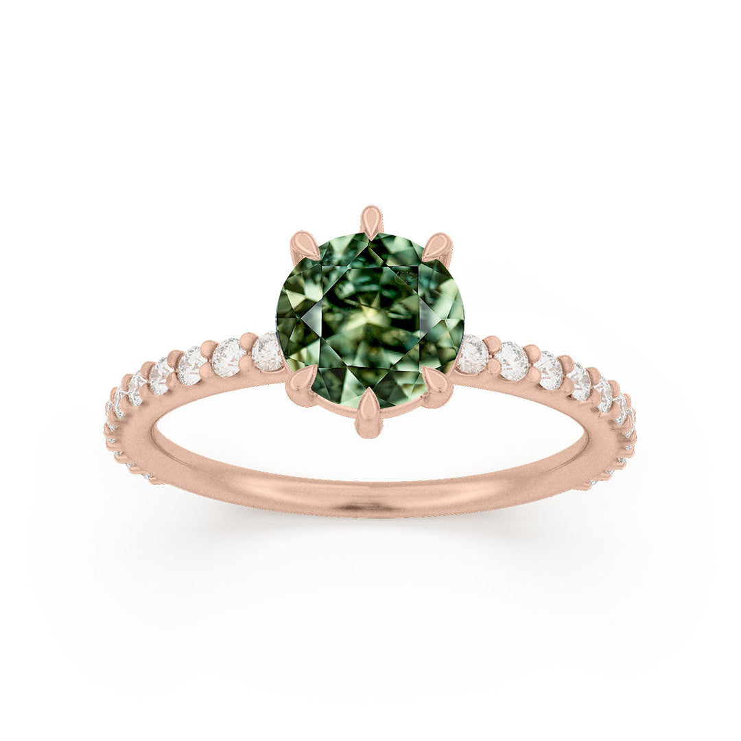 Green Sapphire Solitaire Engagement Ring with Pave Band By Valley Rose