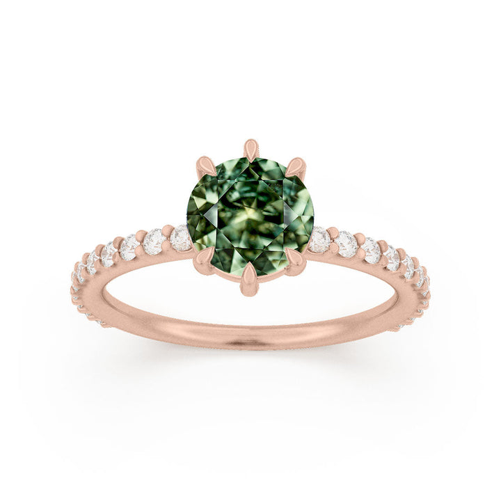 Green Sapphire Solitaire Engagement Ring with Pave Band By Valley Rose