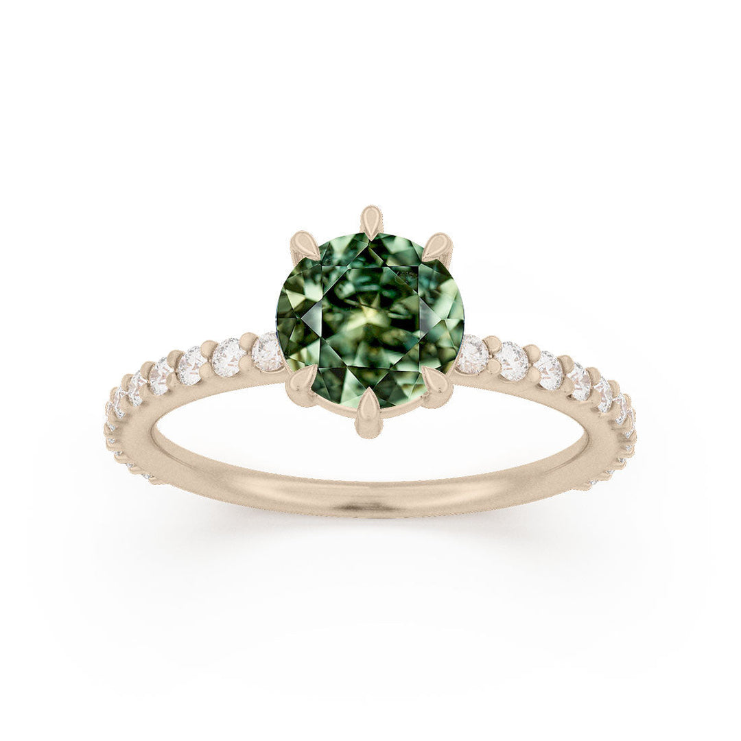 Green Sapphire Solitaire Engagement Ring with Pave Band By Valley Rose