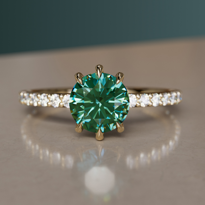Green Sapphire Solitaire Engagement Ring with Pave Band By Valley Rose