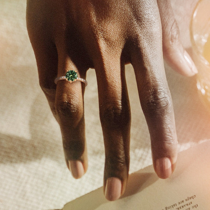 Green Sapphire Solitaire Engagement Ring with Pave Band By Valley Rose