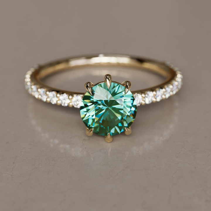 Green Sapphire Solitaire Engagement Ring with Pave Band By Valley Rose