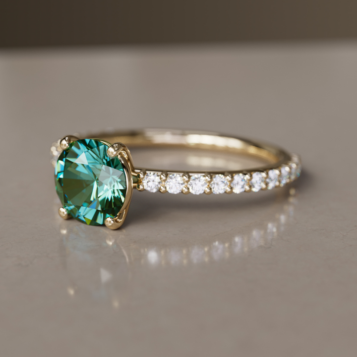 Green Sapphire Solitaire Engagement Ring with Pave Band By Valley Rose
