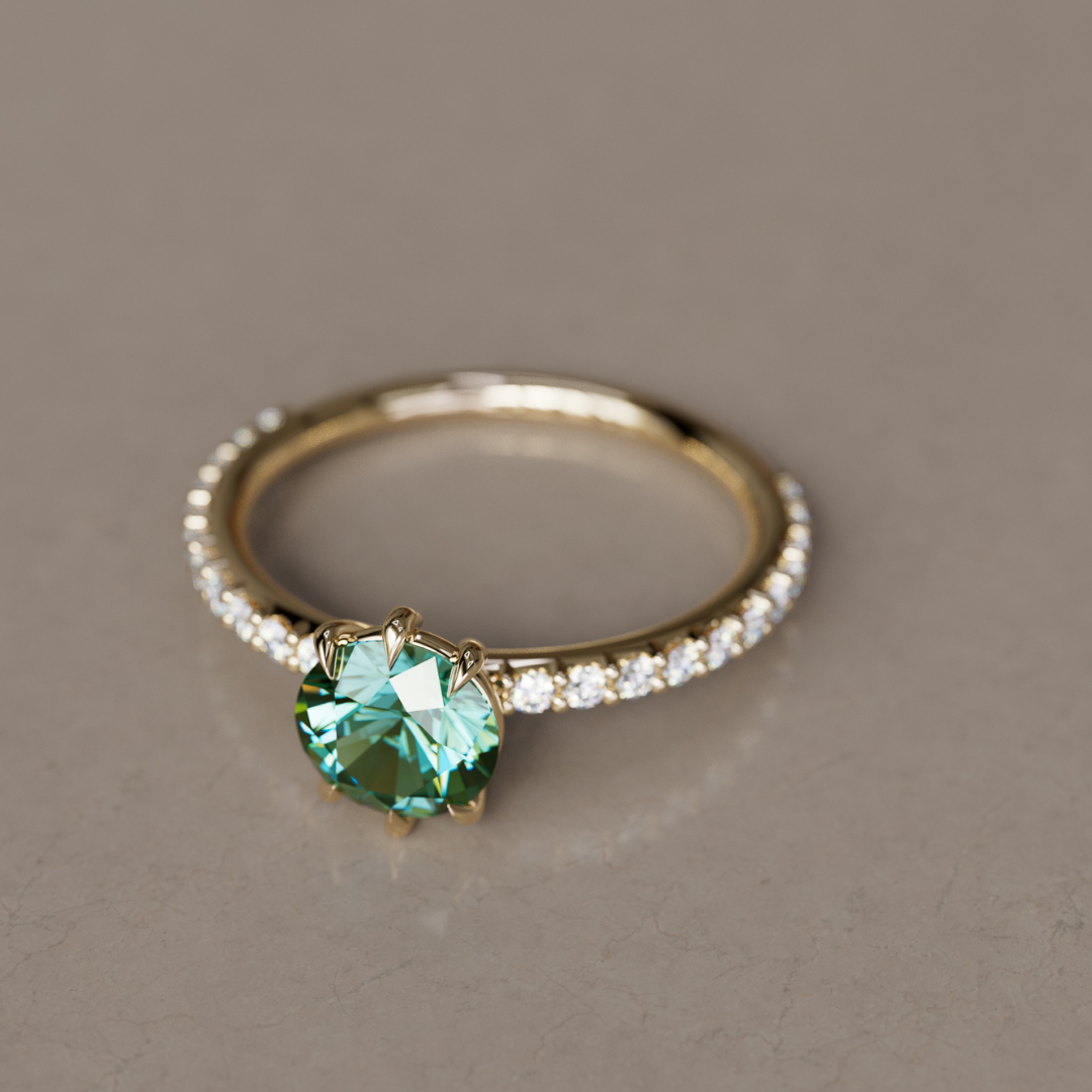 Green Sapphire Solitaire Engagement Ring with Pave Band By Valley Rose