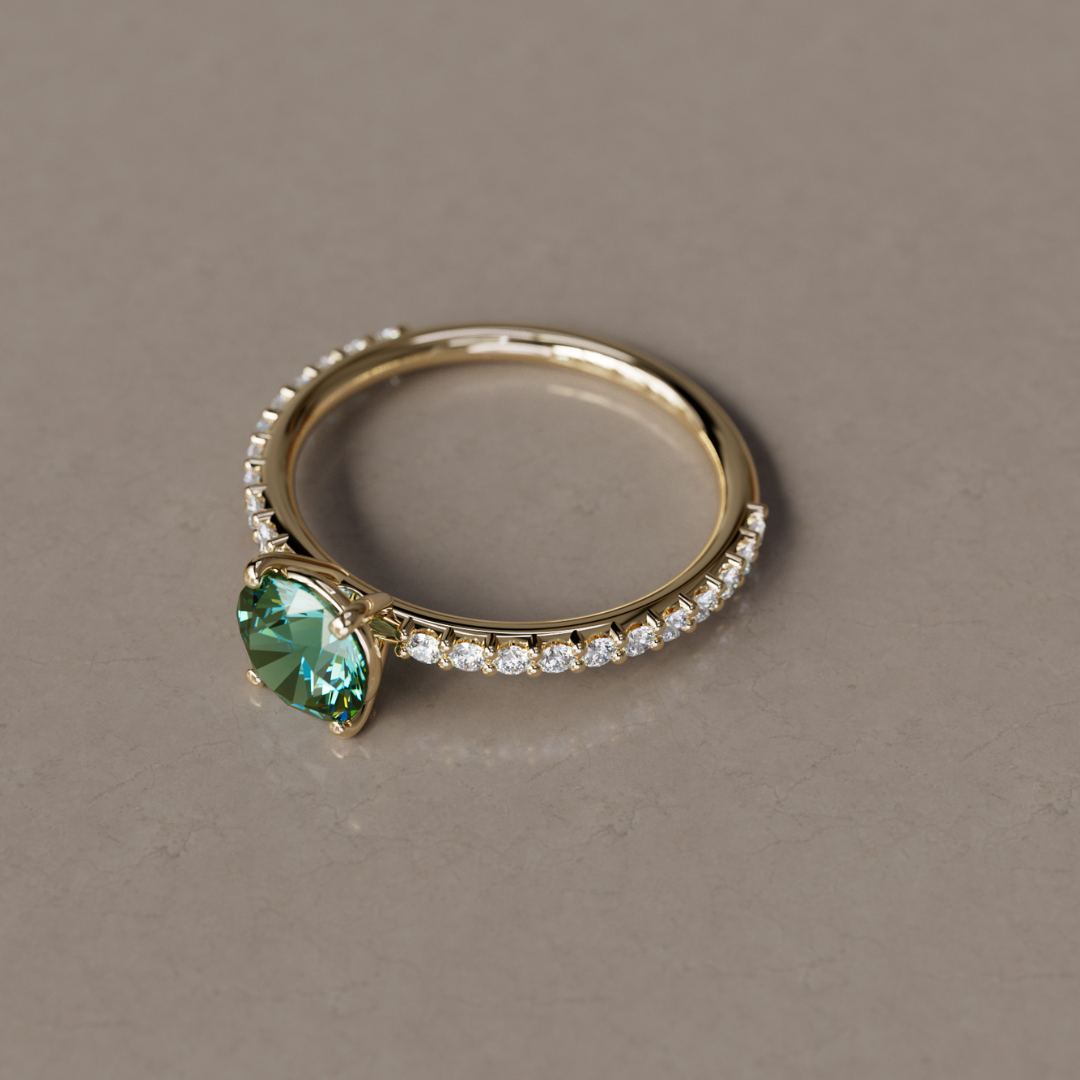 Green Sapphire Solitaire Engagement Ring with Pave Band By Valley Rose
