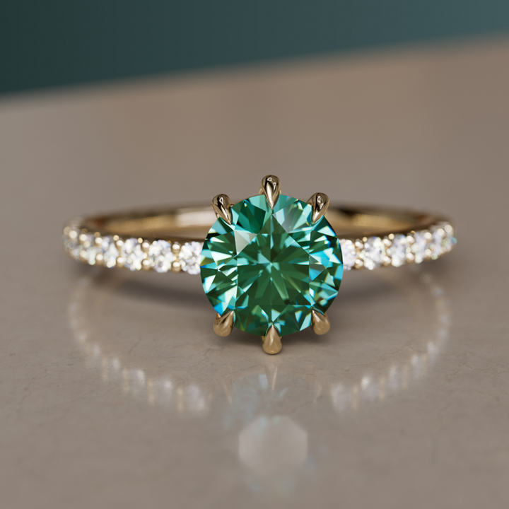 Green Sapphire Solitaire Engagement Ring with Pave Band By Valley Rose