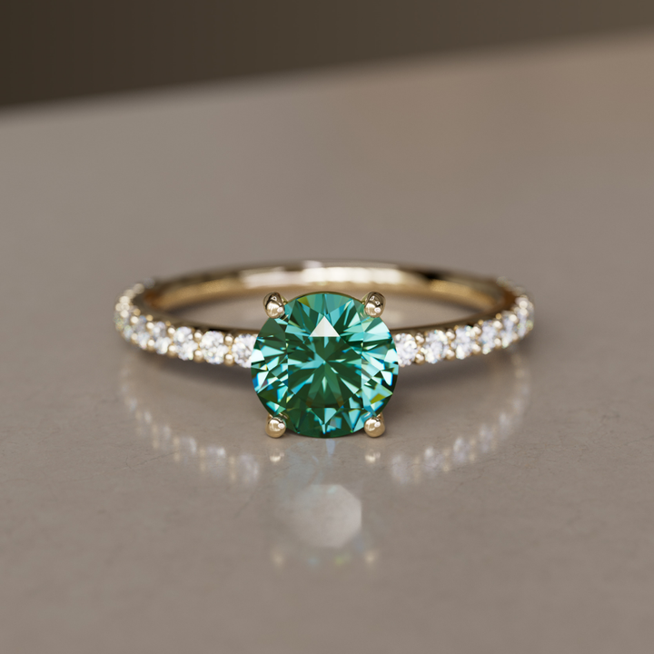 Green Sapphire Solitaire Engagement Ring with Pave Band By Valley Rose