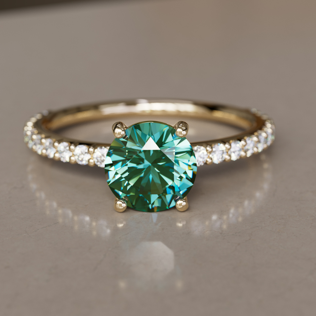 Green Sapphire Solitaire Engagement Ring with Pave Band By Valley Rose