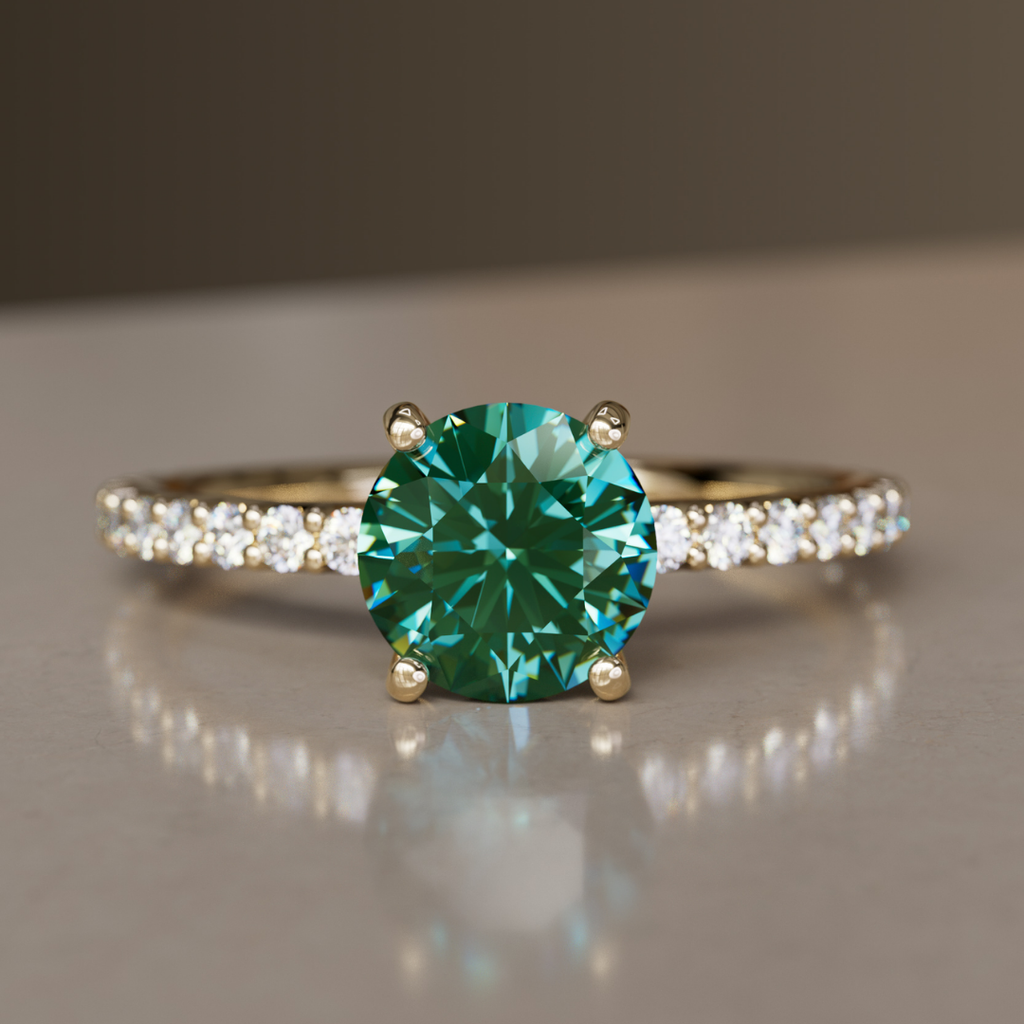 Green Sapphire Solitaire Engagement Ring with Pave Band By Valley Rose