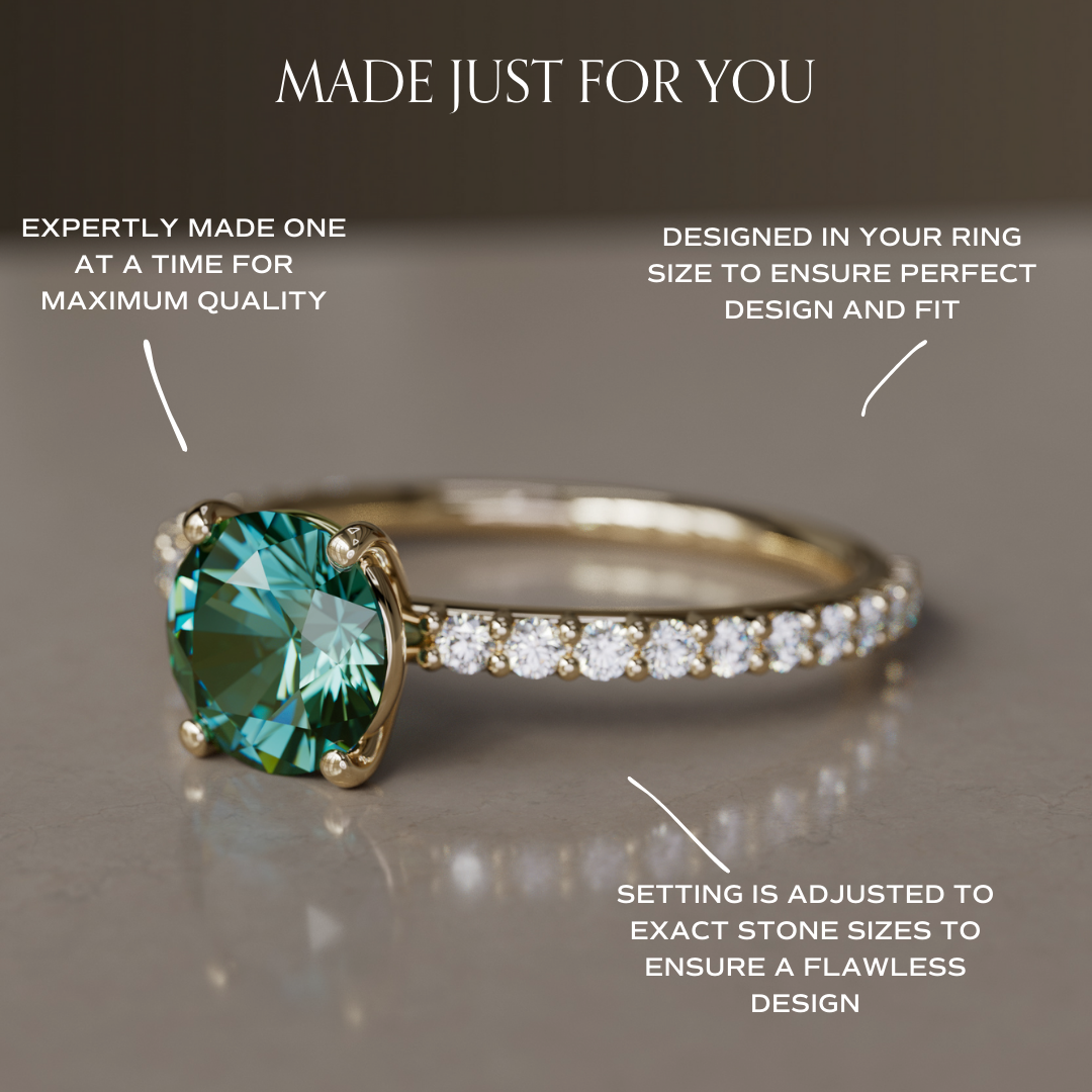 Green Sapphire Solitaire Engagement Ring with Pave Band By Valley Rose