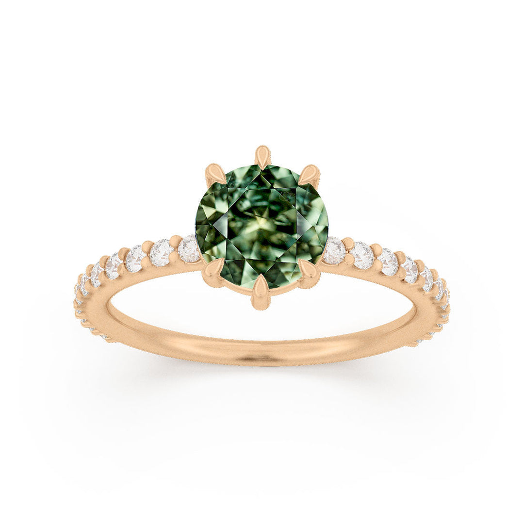 Green Sapphire Solitaire Engagement Ring with Pave Band By Valley Rose