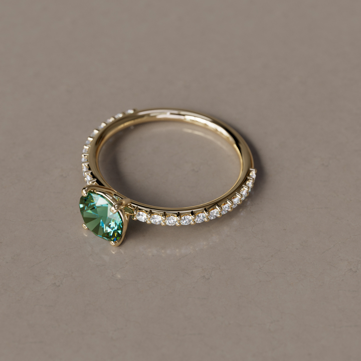 Green Sapphire Solitaire Engagement Ring with Pave Band By Valley Rose