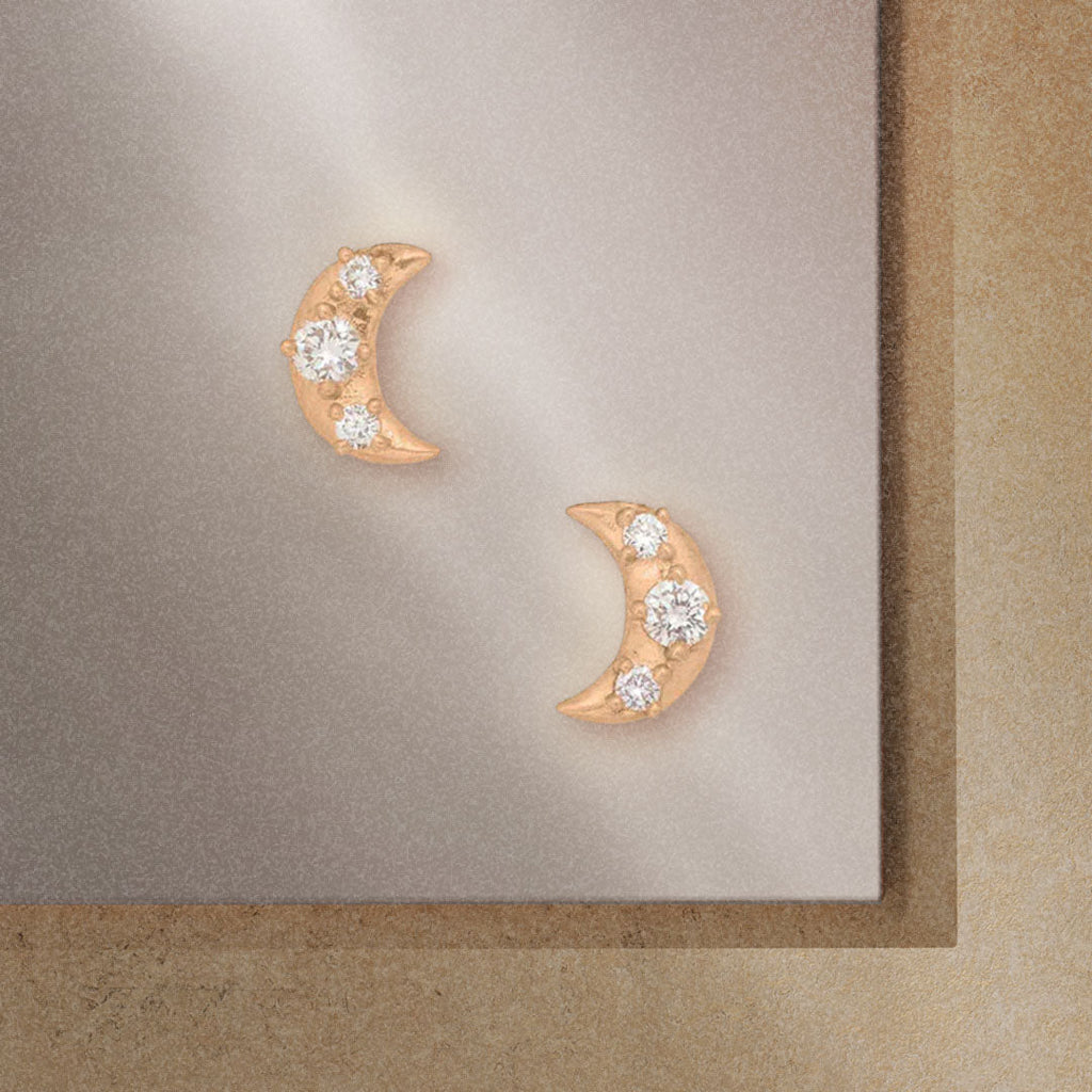 Crescent Moon Stud Earrings in Gold & Diamond Lab Diamond Single By Valley Rose Ethical Jewelry