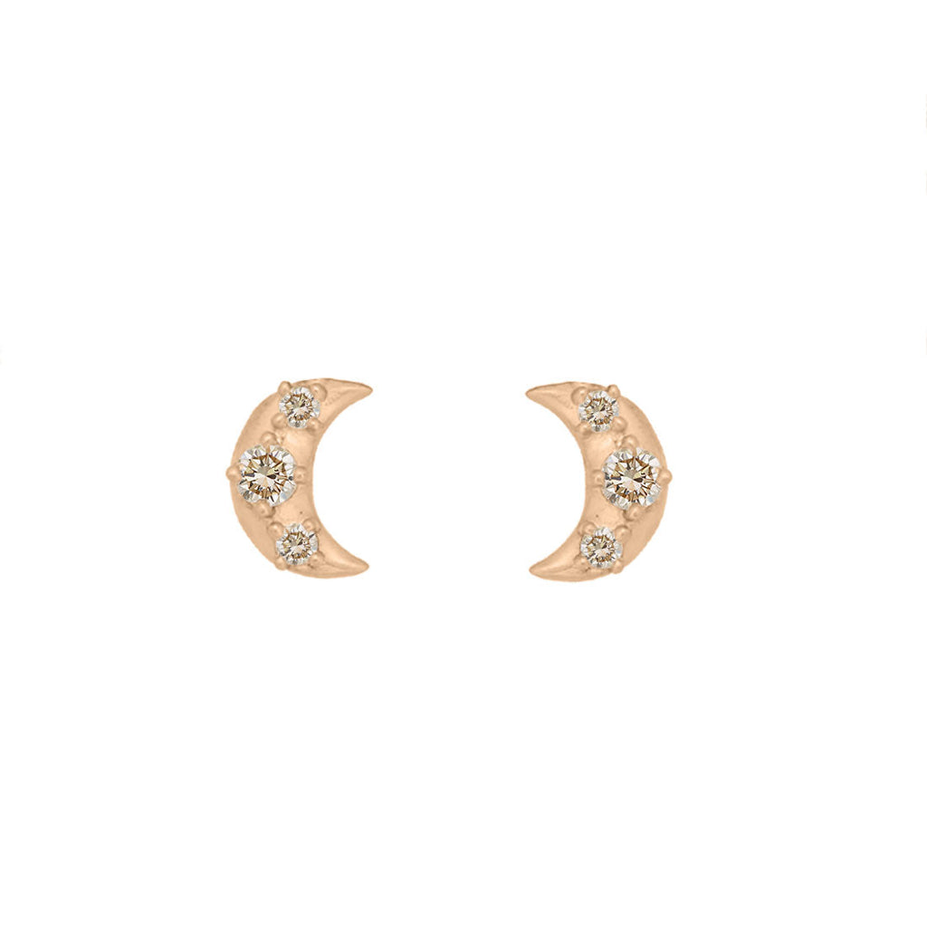 Crescent Moon Stud Earrings in Gold & Diamond Champagne Diamond Single By Valley Rose Ethical Jewelry